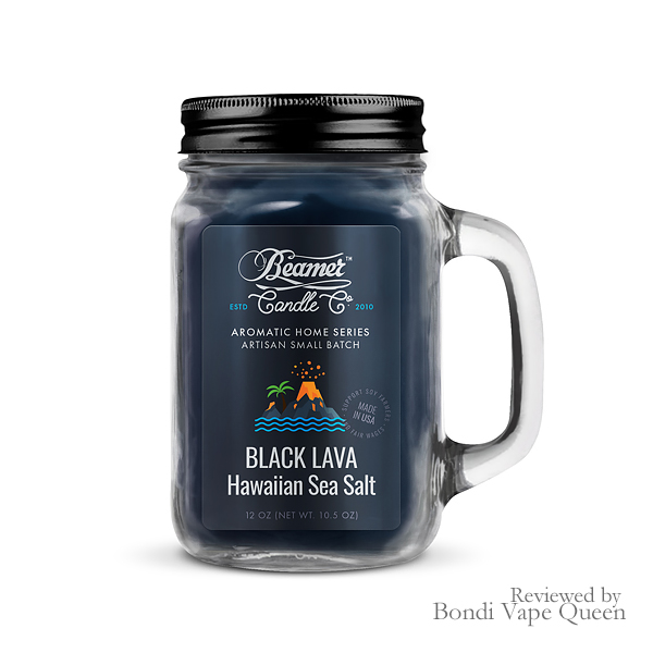 Beamer Aromatic Home Candle (Black Lava Hawaiian Sea Salt) in clear 12oz glass jar with navy packaging