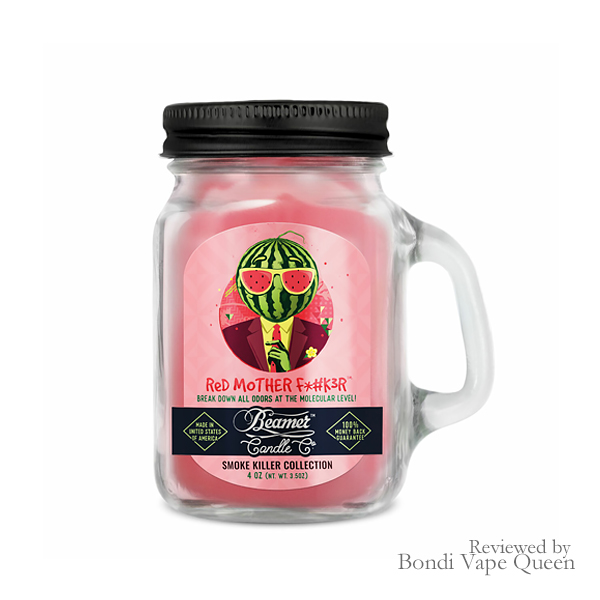 Beamer Smoke Killer Candle (Red Mother F*#ker) in clear 12oz glass jar with red packaging