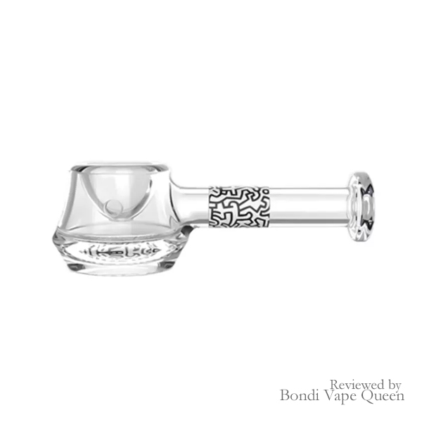 Hammer-style spoon pipe with neck and base featuring Keith Haring's Dancing People in Black and White