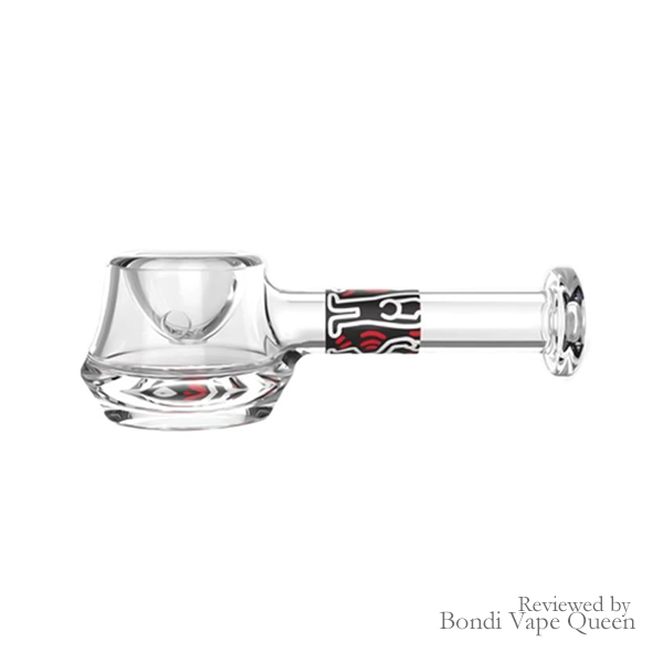 Hammer-style spoon pipe with neck and base featuring Keith Haring's Dancing People in Black and Red