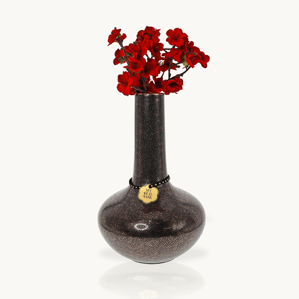 Burmese Vase in black and gold porcelain snakeskin pattern, black 9mm custom slide, and a Velvet Cherry Blossom Flower Poker