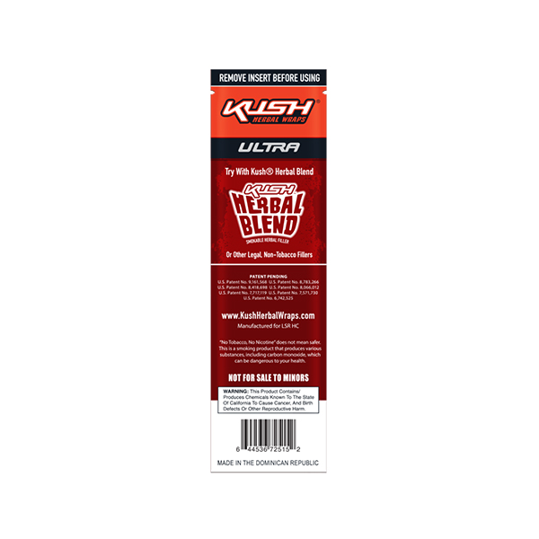 Back of Kush Conical Ultra Pre-Rolled Herbal Wraps (Sweet) in red packaging