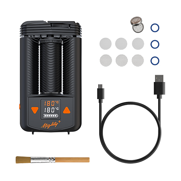 Storz and Bickel Mighty+ Herbal Vaporiser Accessories (USB-C to USB-A plug, 3 small normal screens, 3 small coarse screens, 3 small base seal rings, 1 dosing capsule, and 1 cleaning brush