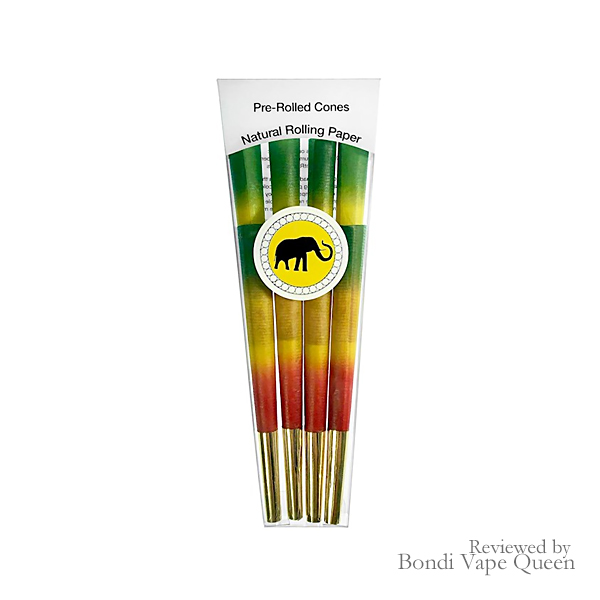 8 Beautiful Burns (Rasta with Gold Tip) pre-rolled cones in clear coffin packaging